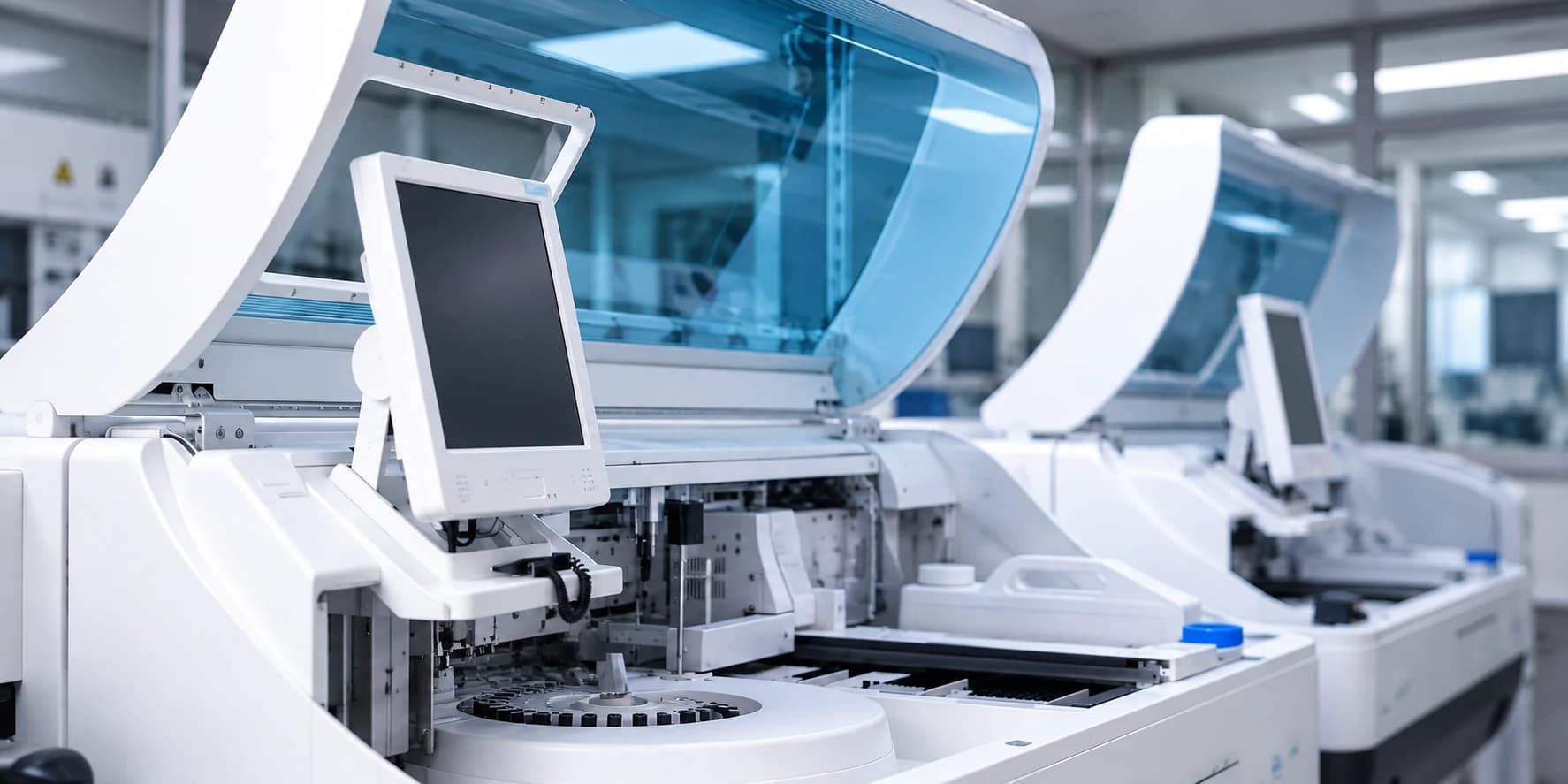Vue rapprochée des automates à capots bleus et de leurs mécanismes d’analyse