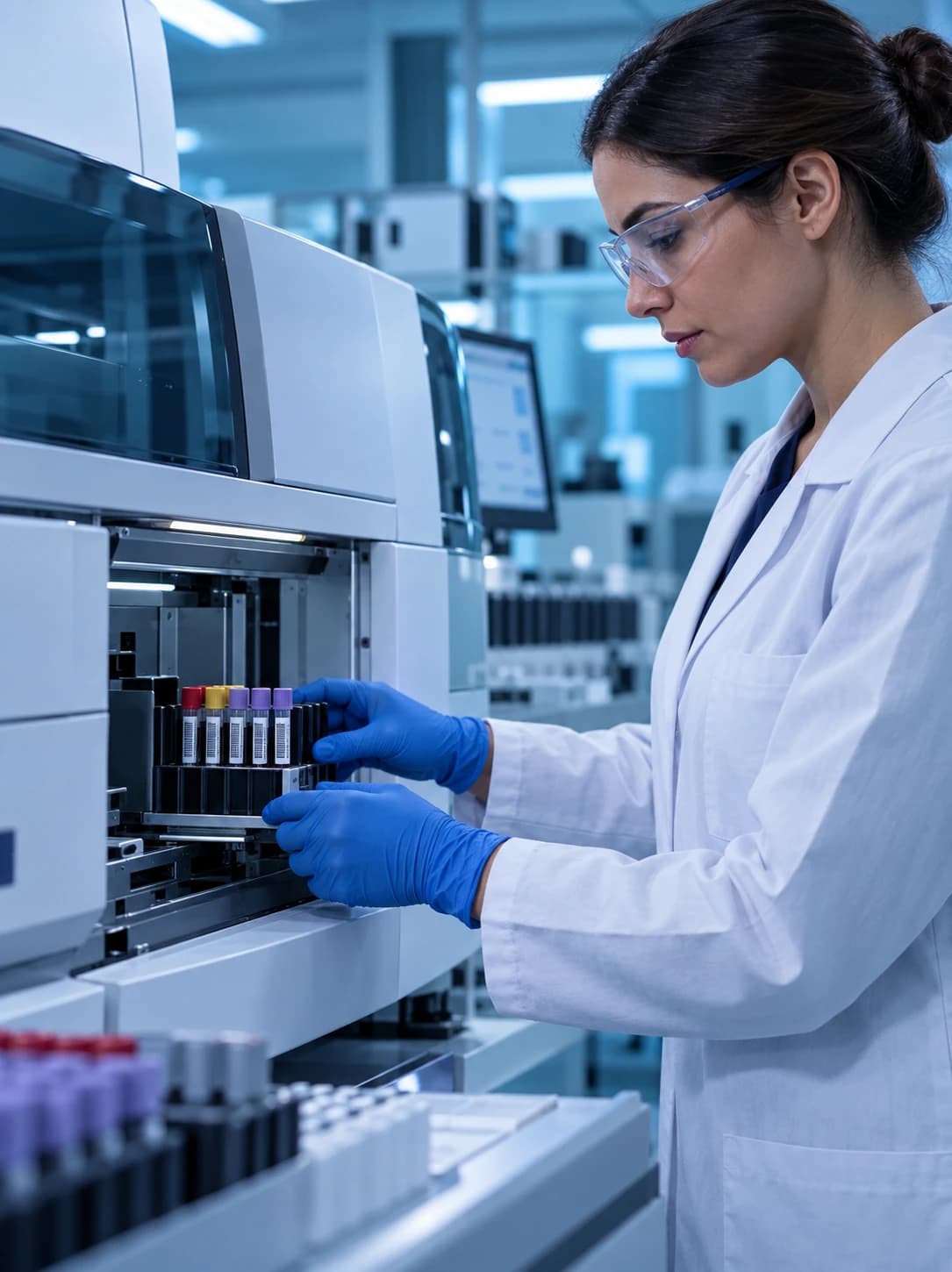 Technicienne chargeant un rack de tubes dans un automate d’analyse