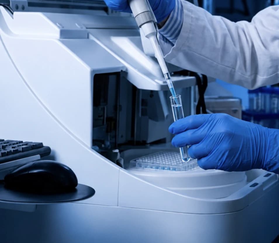 Manipulation à la micropipette dans un tube de prélèvement tenu par une main gantée