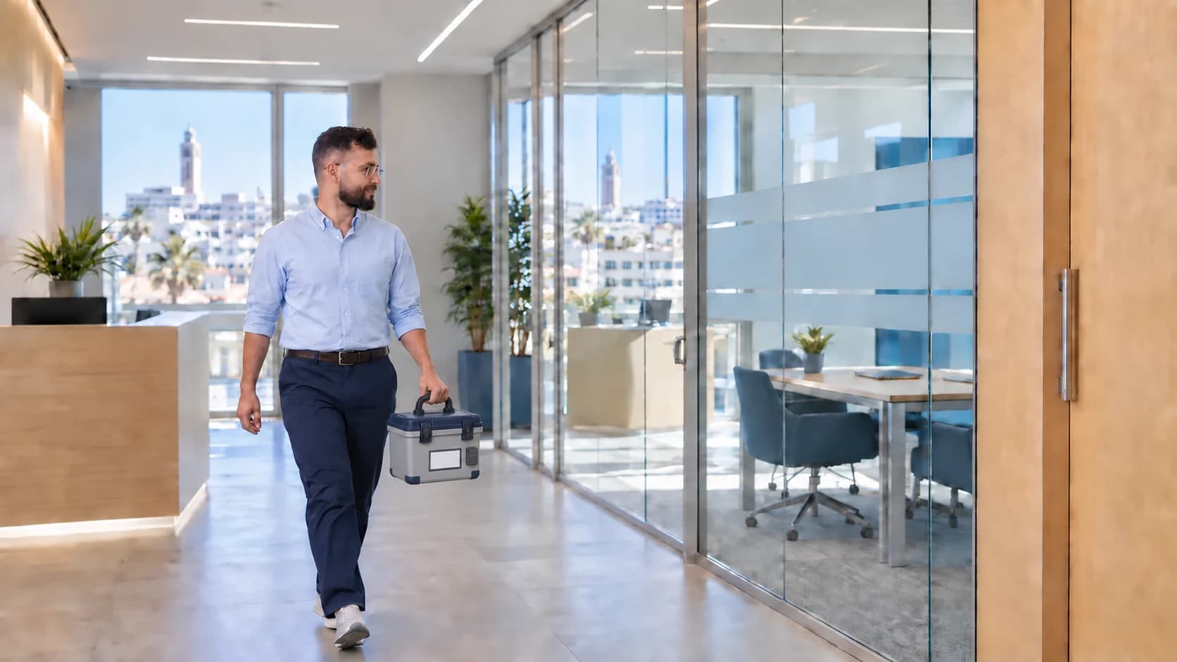 Illustration d’un professionnel arrivant dans des bureaux avec une mallette de transport des prélèvements