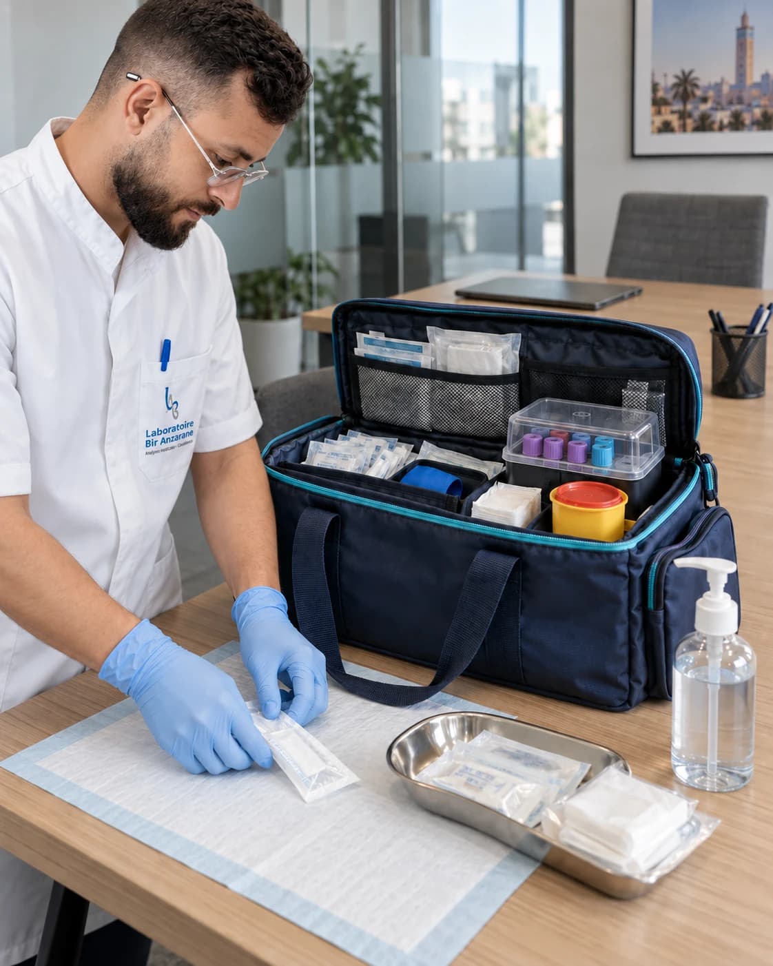 Illustration du professionnel en blouse au logo du laboratoire préparant sa sacoche et le matériel de prélèvement dans un bureau privé