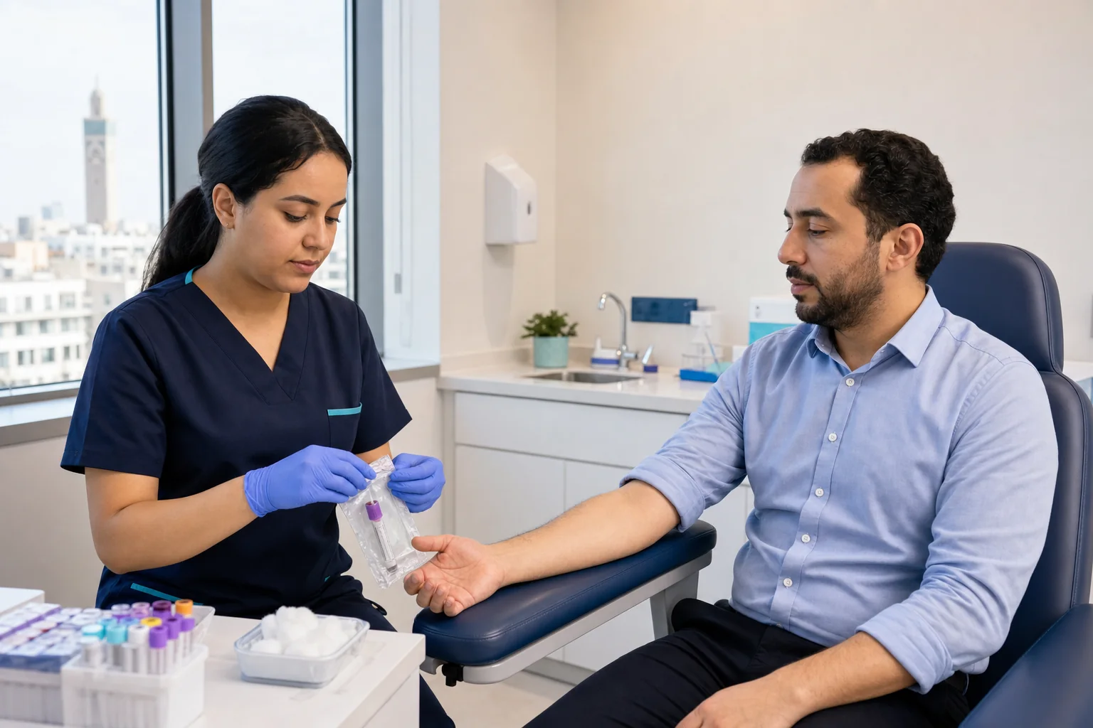 Professionnelle de santé préparant un prélèvement au laboratoire